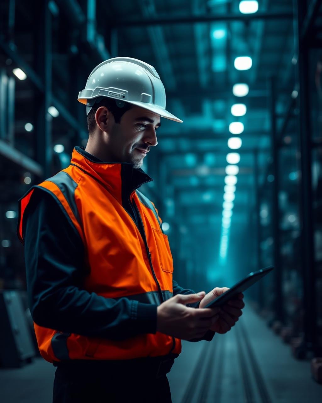 Safety officer reviewing a training module on a tablet in an industrial facility